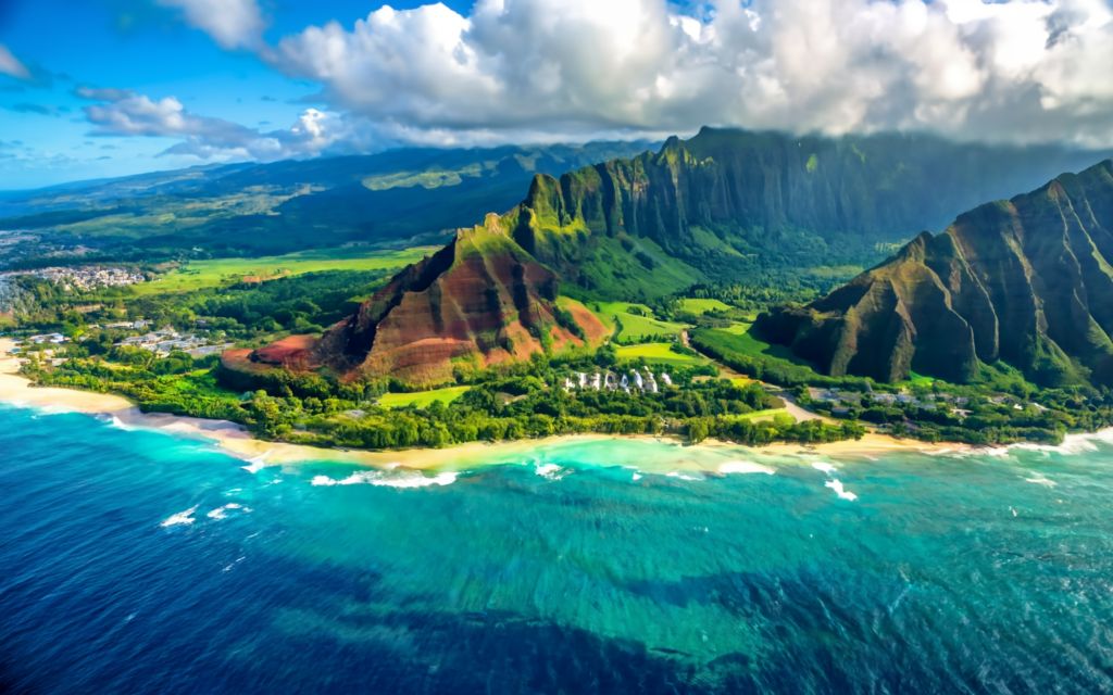 An aerial view of Kauai showing its stunning co